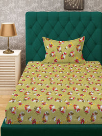 KLOTTHE Kids Green Cartoon Printed Cotton 400TC Fitted Single Bedsheet Set 2.25m x 1.5m