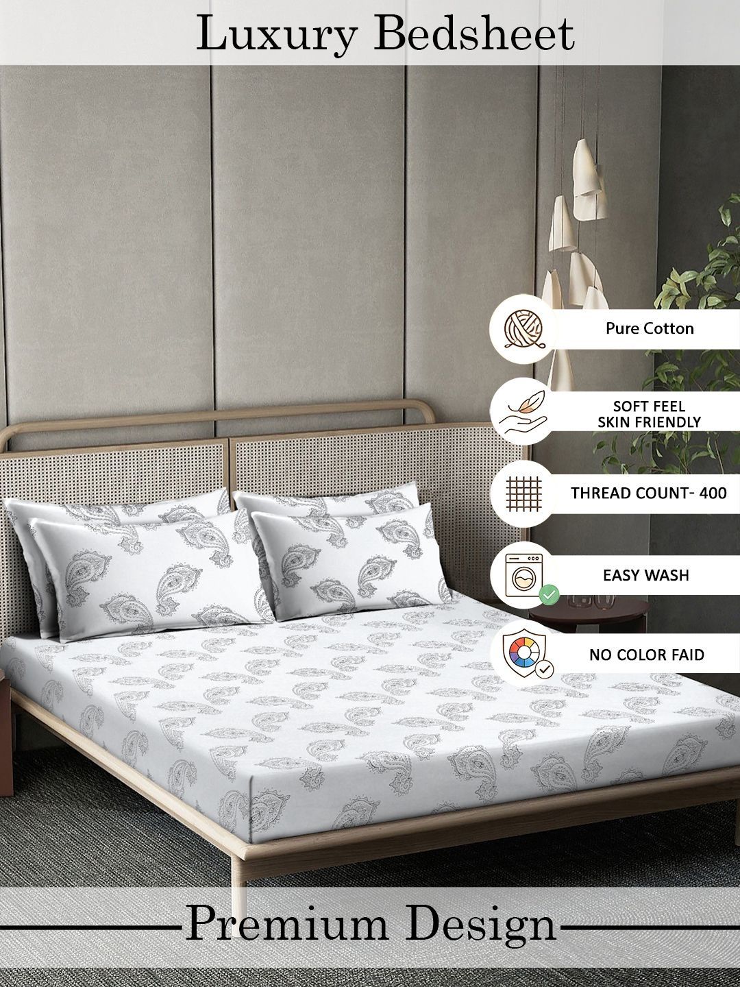Myntra Elegant Homes Motif Etnik Putih 400 TC Cadar Tempat Tidur Queen dengan 2 Sarung Bantal