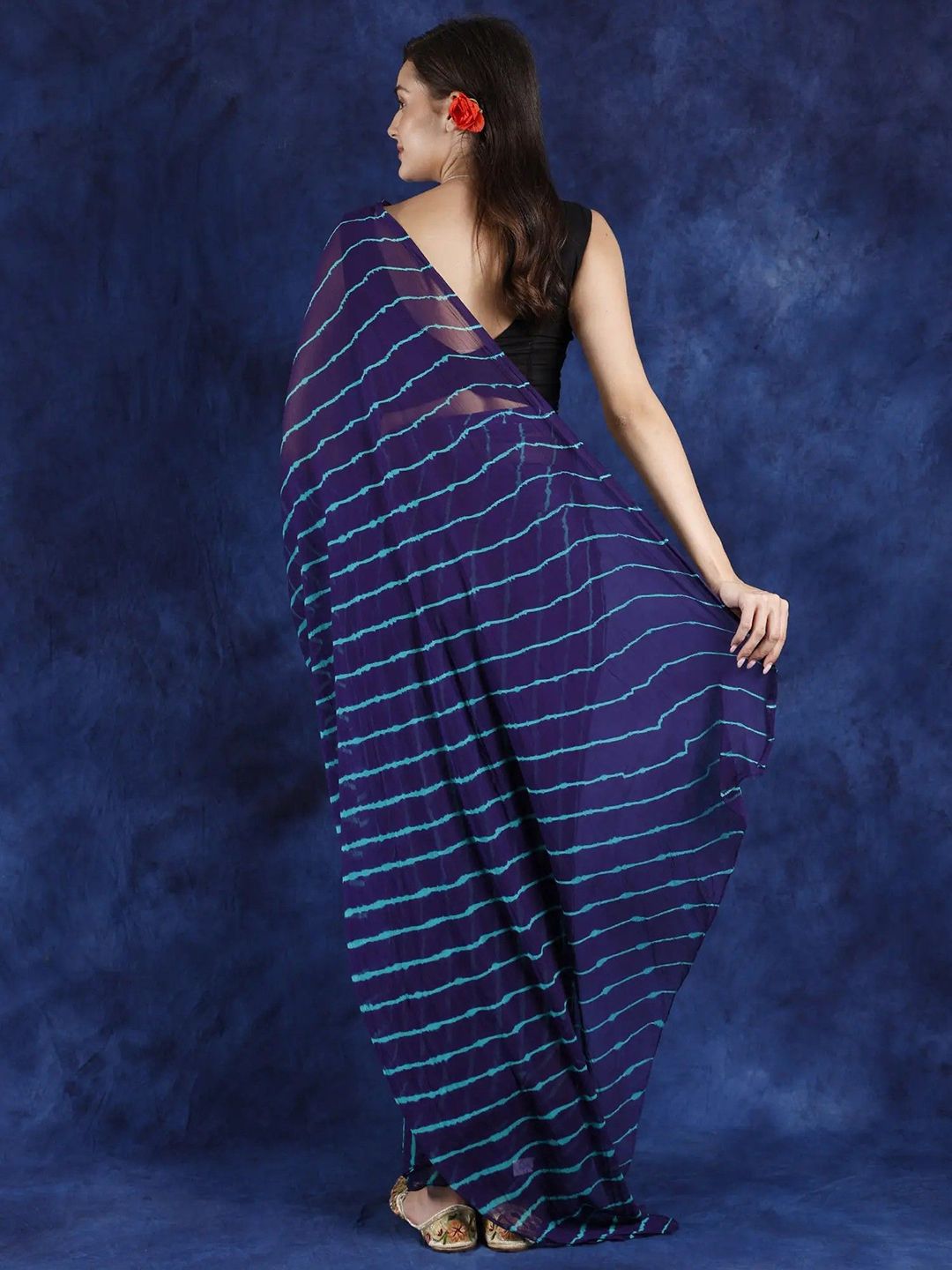 Exotic India Violet Indigo Leharia Tie-Dye Chiffon Saree
