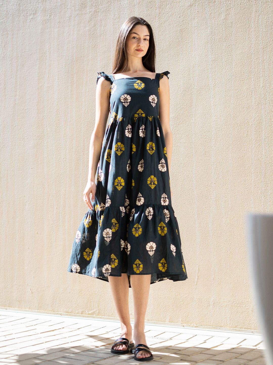 SANSKRUTIHOMES Cotton Floral Printed Fit & Flare Midi Dress