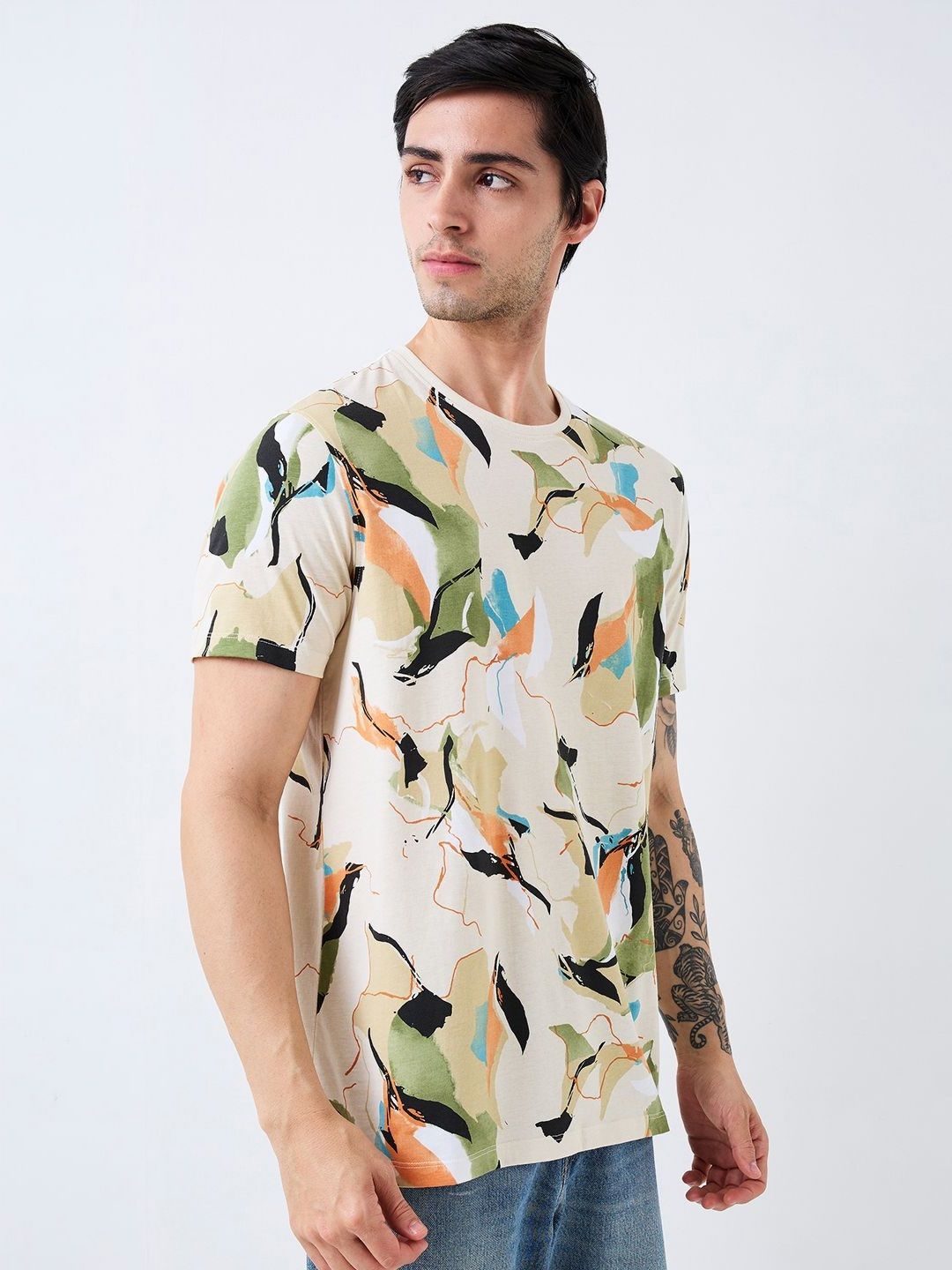 SPYKAR Men Abstract Printed Round Neck Cotton Slim Fit T-shirt