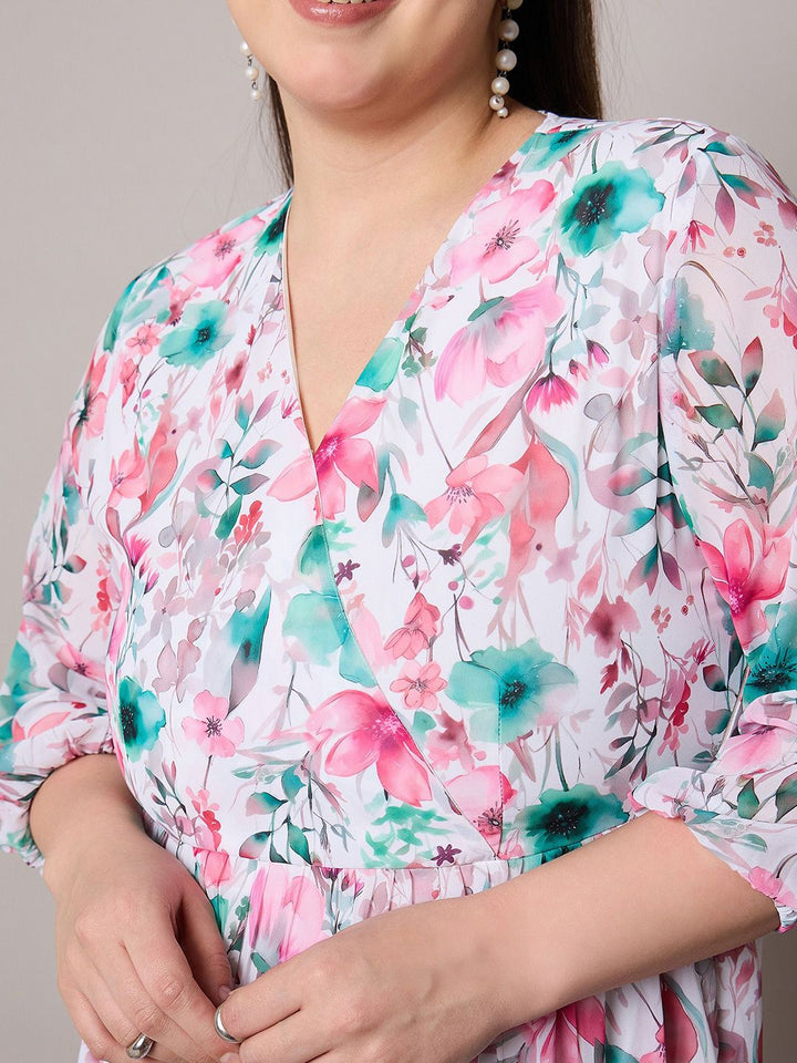 SASSAFRAS Women Plus Size Floral Print Georgette Midi Dress