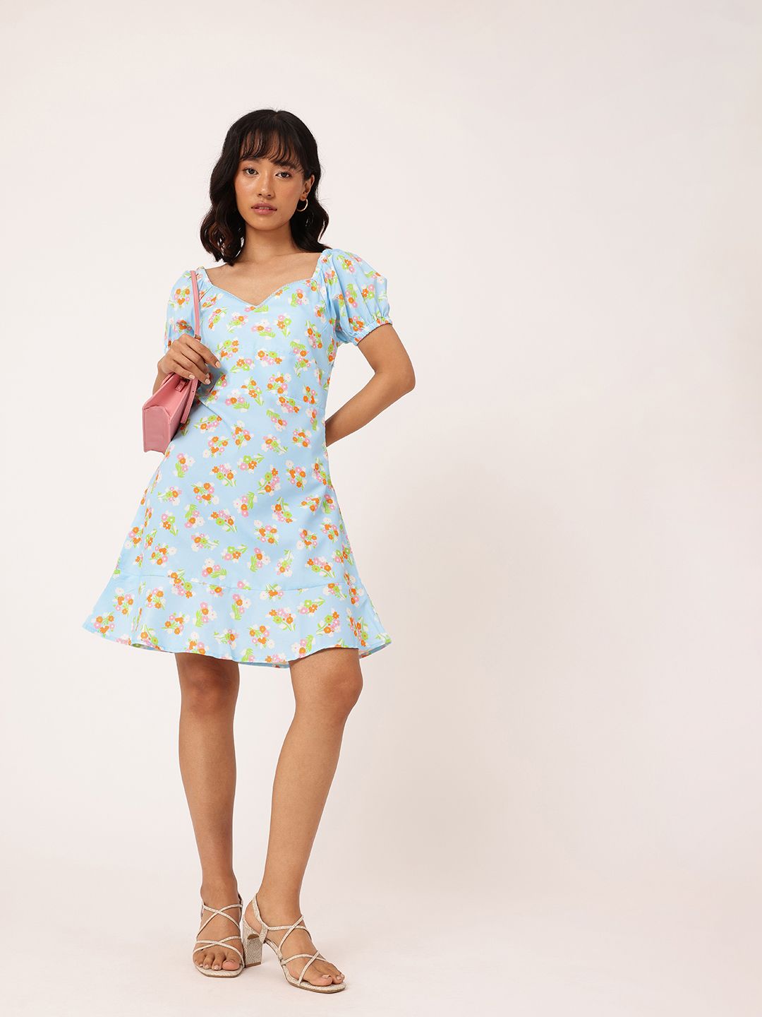 DressBerry Endearing Blossom Sweetheart Neck Puff Sleeves A-Line Dress