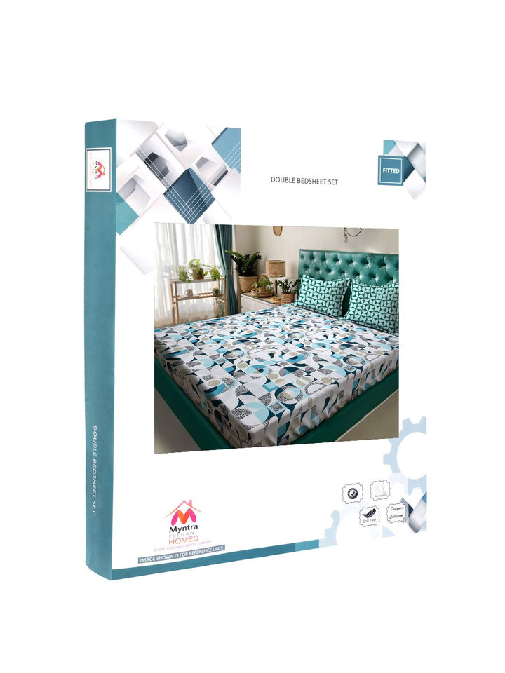 Myntra Elegant Homes White & Blue Printed 300 TC Fitted King Bedsheet Set 2.5m x 2.25m