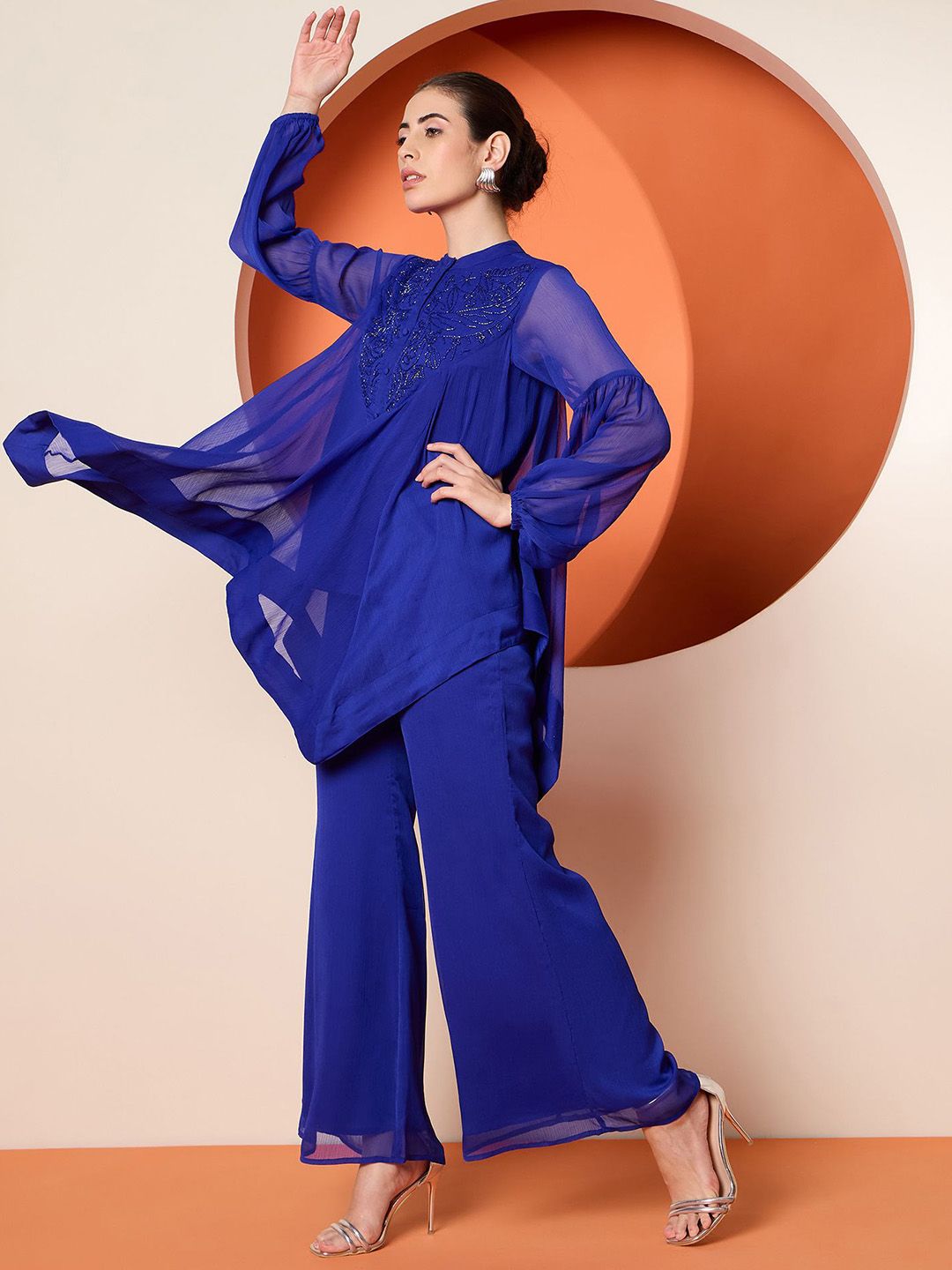 Antheaa Blue Embellished Band Collar Top With Palazzo