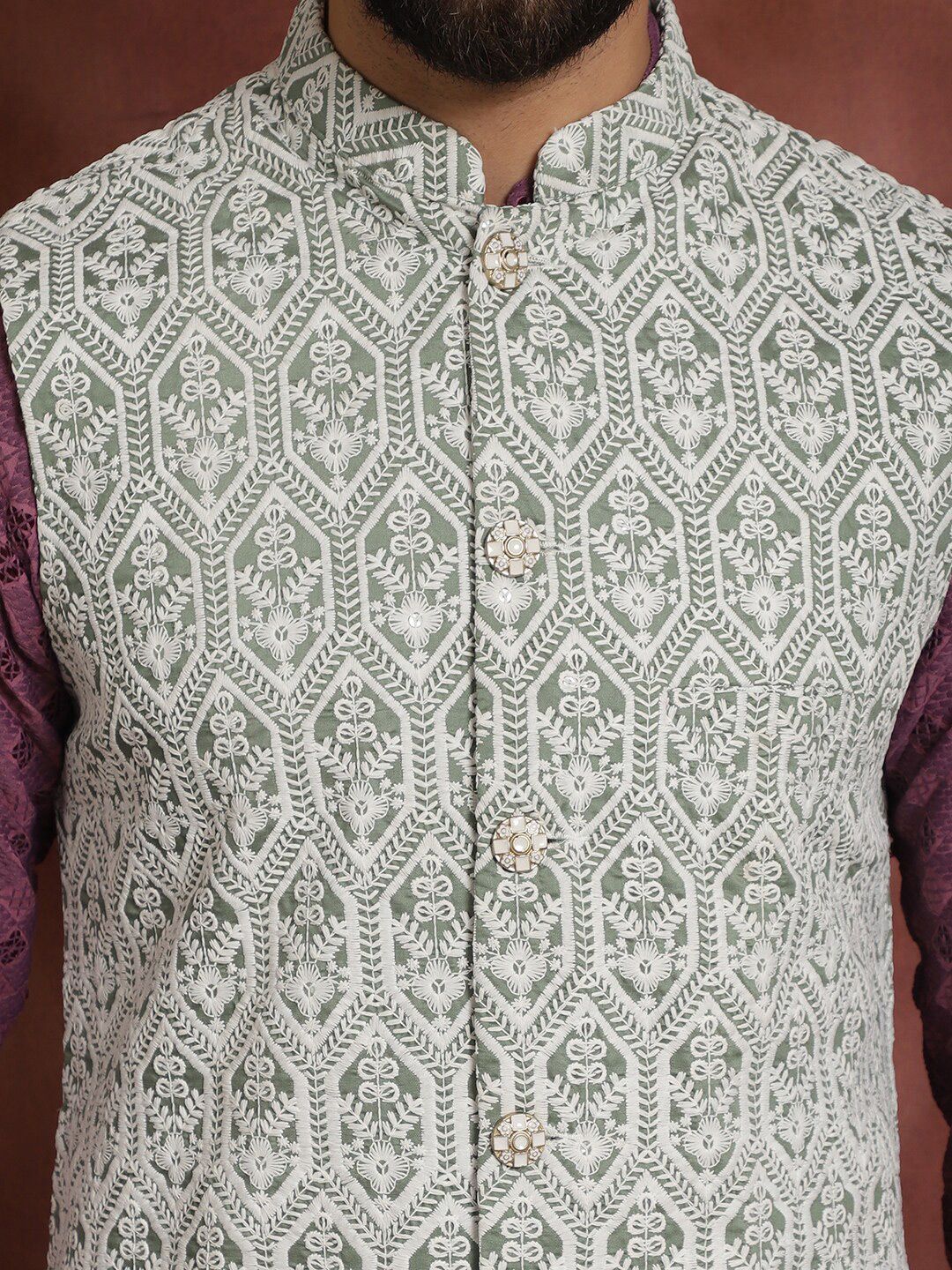 Anouk Thread Work Embroidered Regular Kurta with Churidar & Nehru jacket
