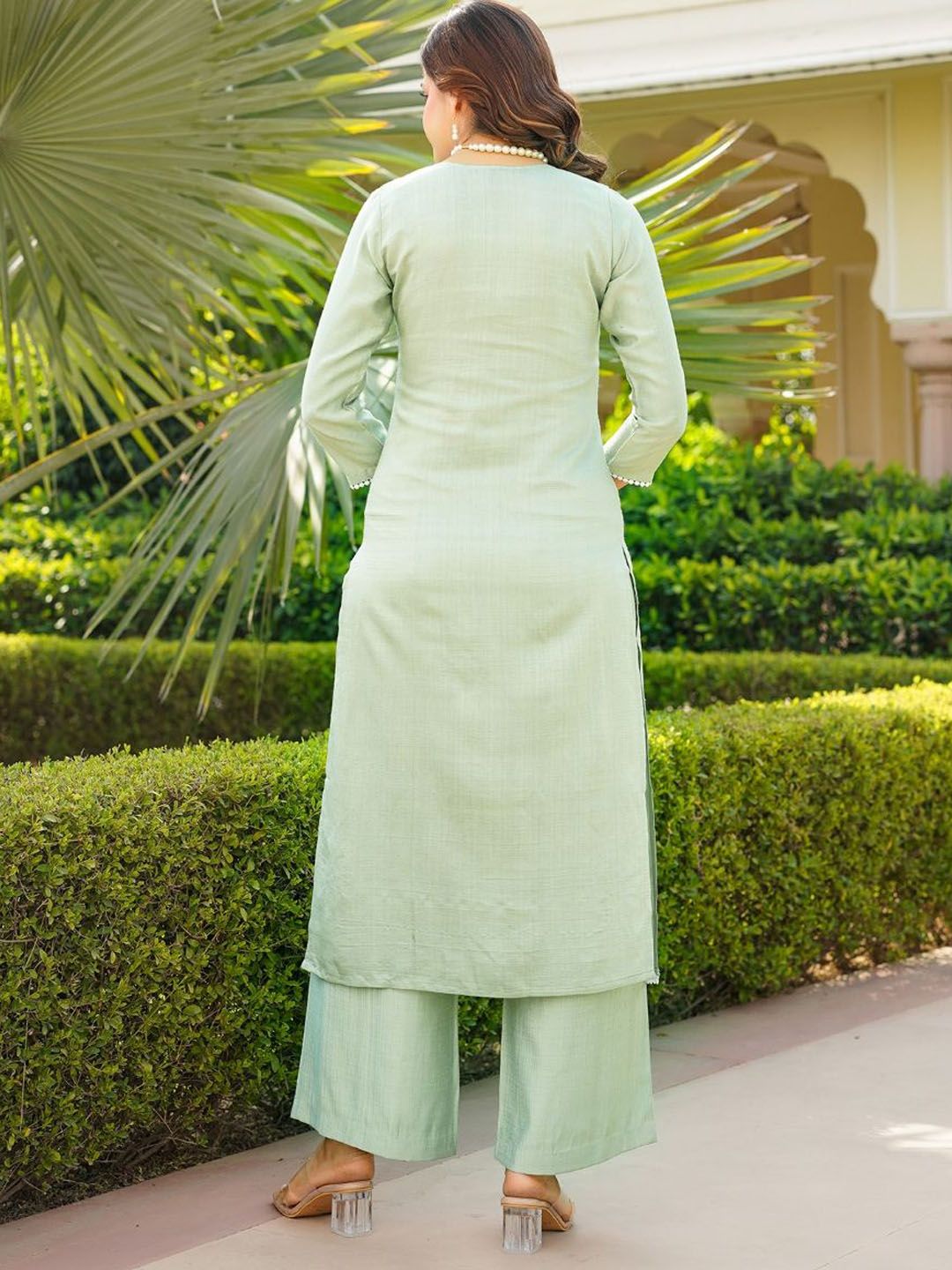 KALINI Floral Embroidered Thread Work Straight Kurta With Palazzos And Dupatta