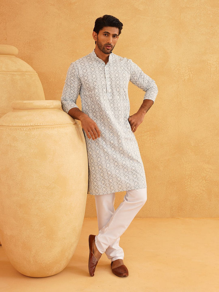 SOJANYA Floral Embroidered Sequinned Band Collar Pure Cotton Straight Kurta With Churidar