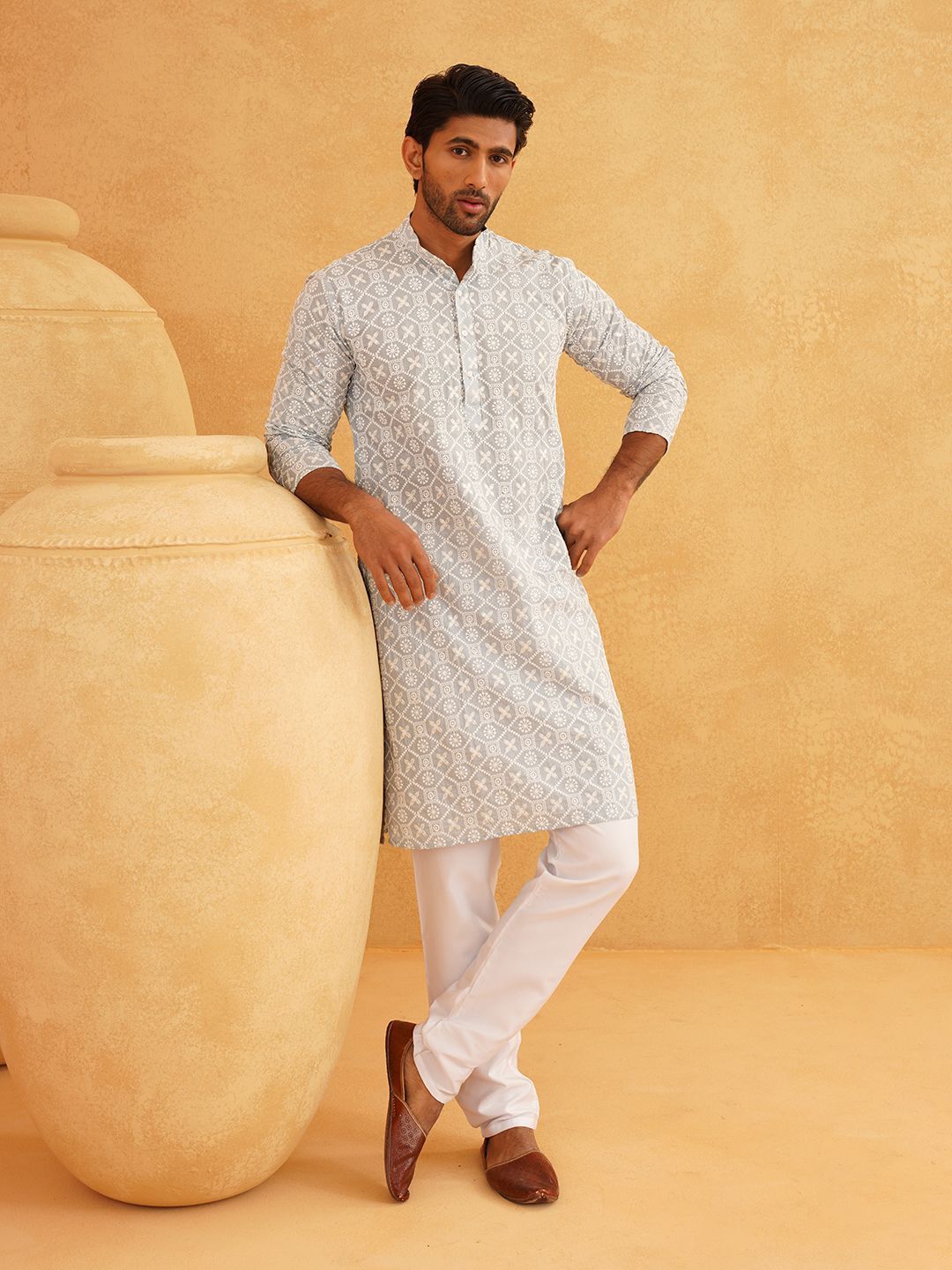 SOJANYA Floral Embroidered Sequinned Band Collar Pure Cotton Straight Kurta With Churidar