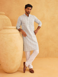 SOJANYA Floral Embroidered Sequinned Band Collar Pure Cotton Straight Kurta With Churidar