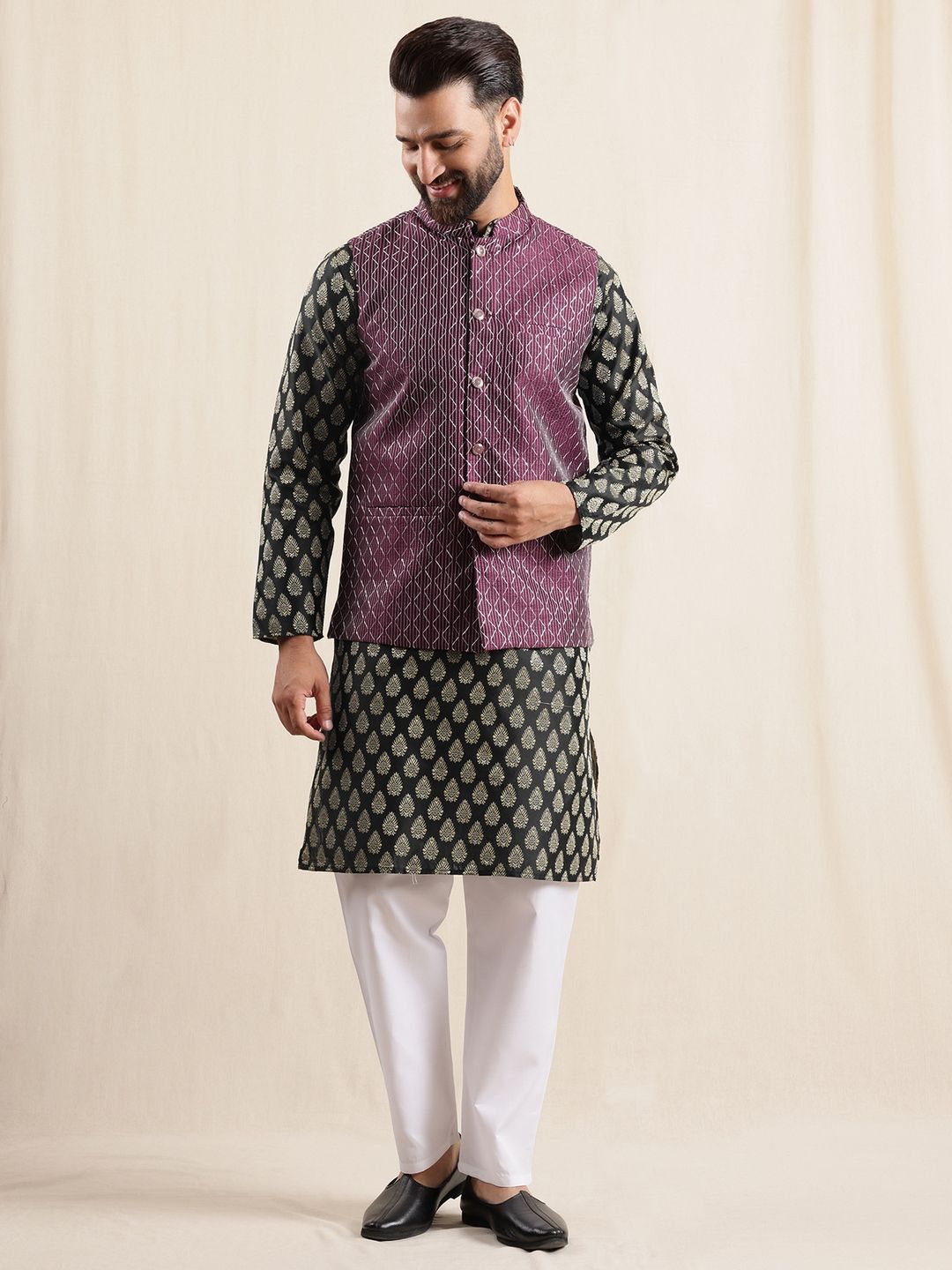 Anouk Geometric Printed Band Collar Straight Kurta With Pyjama And Nehru jacket