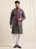 Anouk Geometric Printed Band Collar Straight Kurta With Pyjama And Nehru jacket