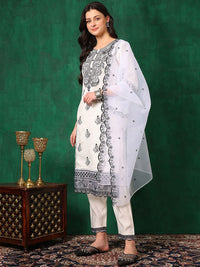 KALINI Women Embroidered Regular Thread Work Chanderi Cotton Kurta with Trousers & With Dupatta