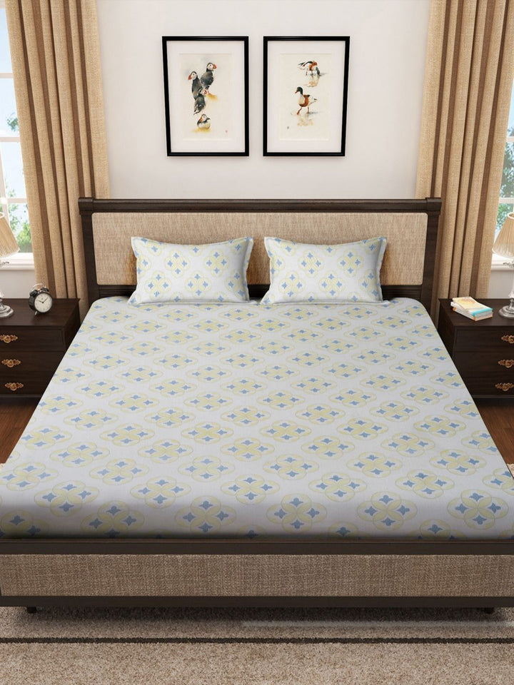 Myntra Elegant Homes White Geometric Cotton 400 TC Fitted King Superfine Bedsheet dengan 2 Sarung Bantal-89 x 98 inci