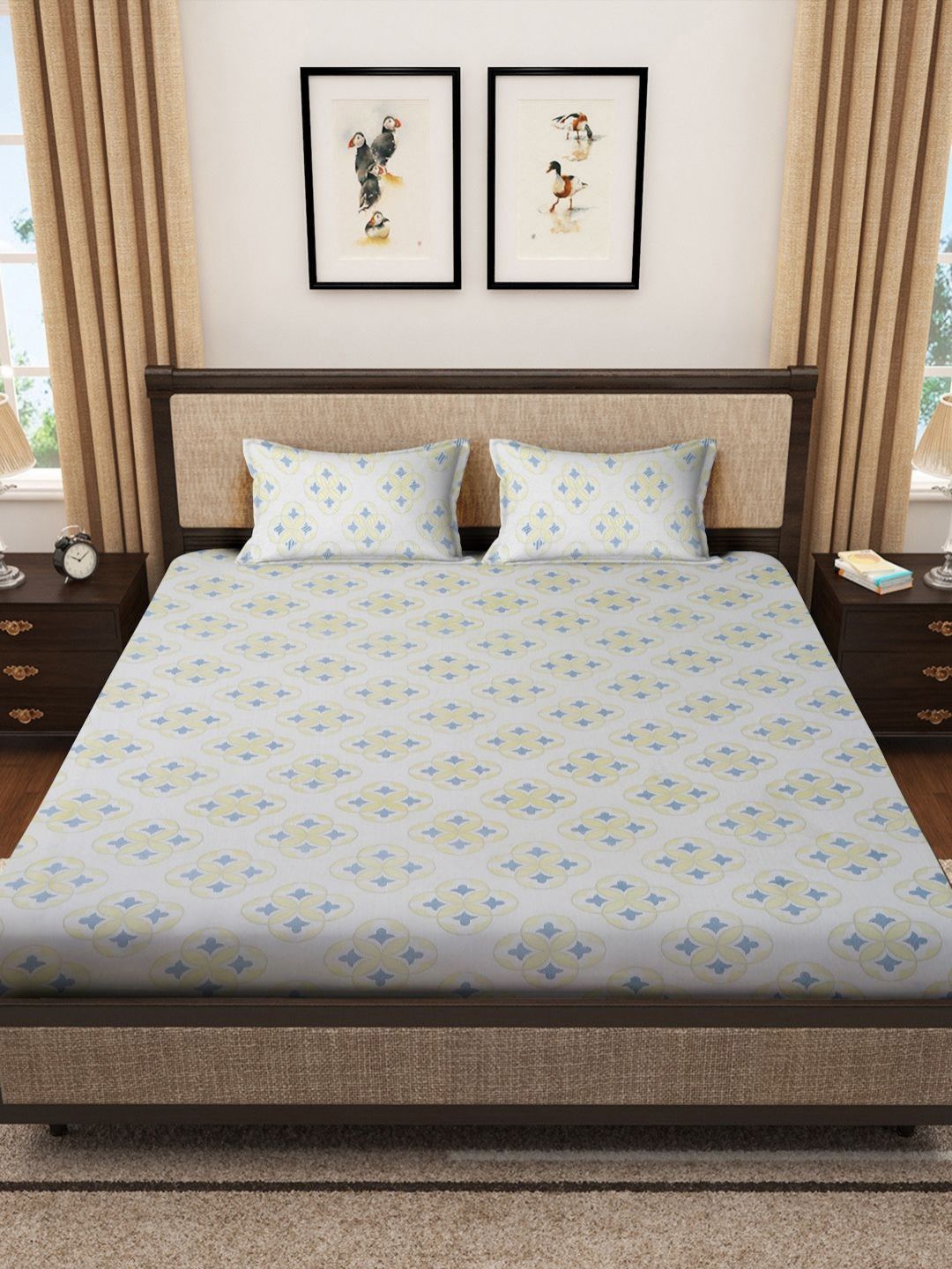 Myntra Elegant Homes White Geometric Cotton 400 TC Fitted King Superfine Bedsheet dengan 2 Sarung Bantal-89 x 98 inci