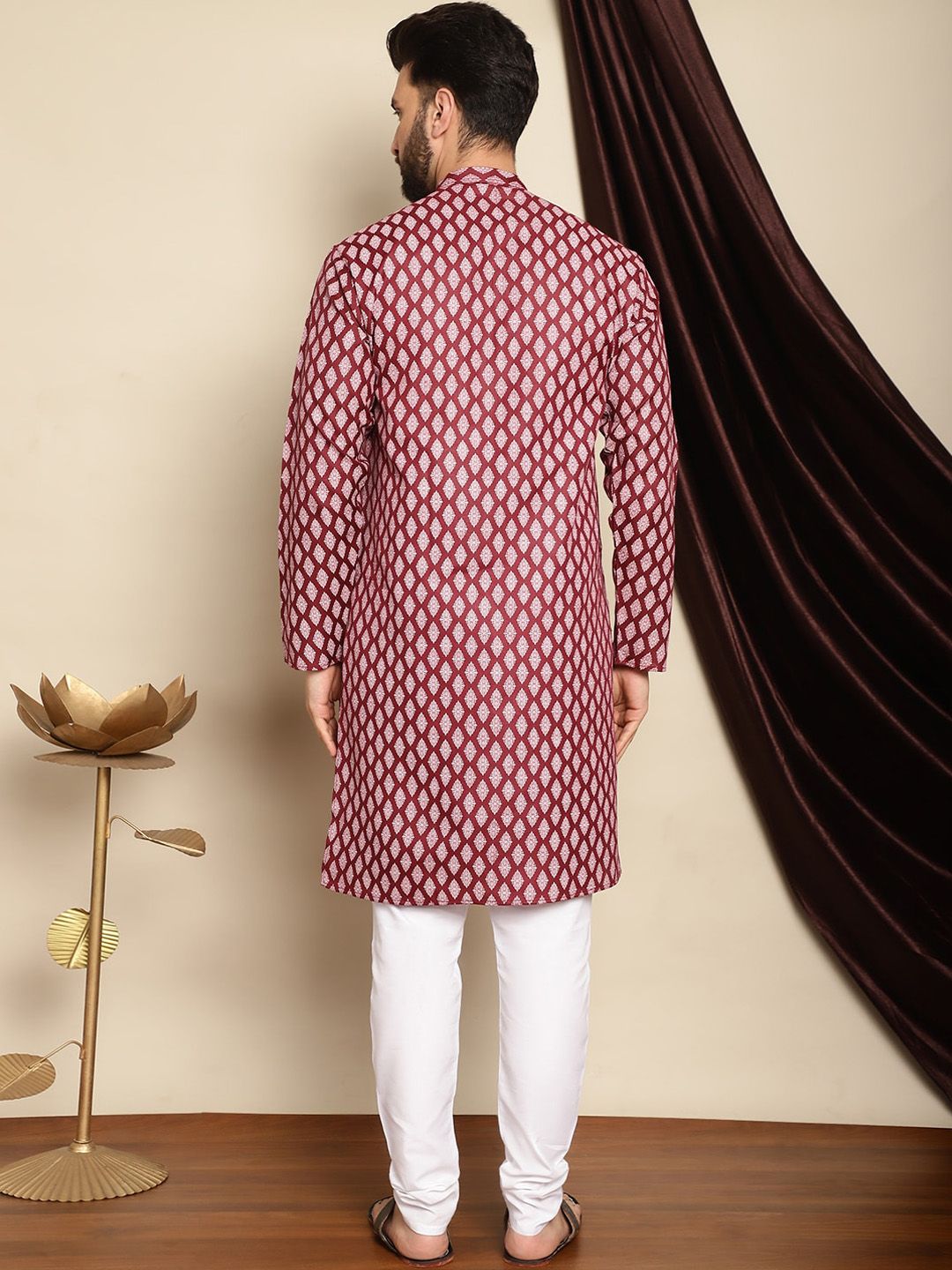 Anouk Maroon Bandhani Printed Mandarin Collar Straight Kurta With Churidar