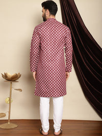 Anouk Maroon Bandhani Printed Mandarin Collar Straight Kurta With Churidar