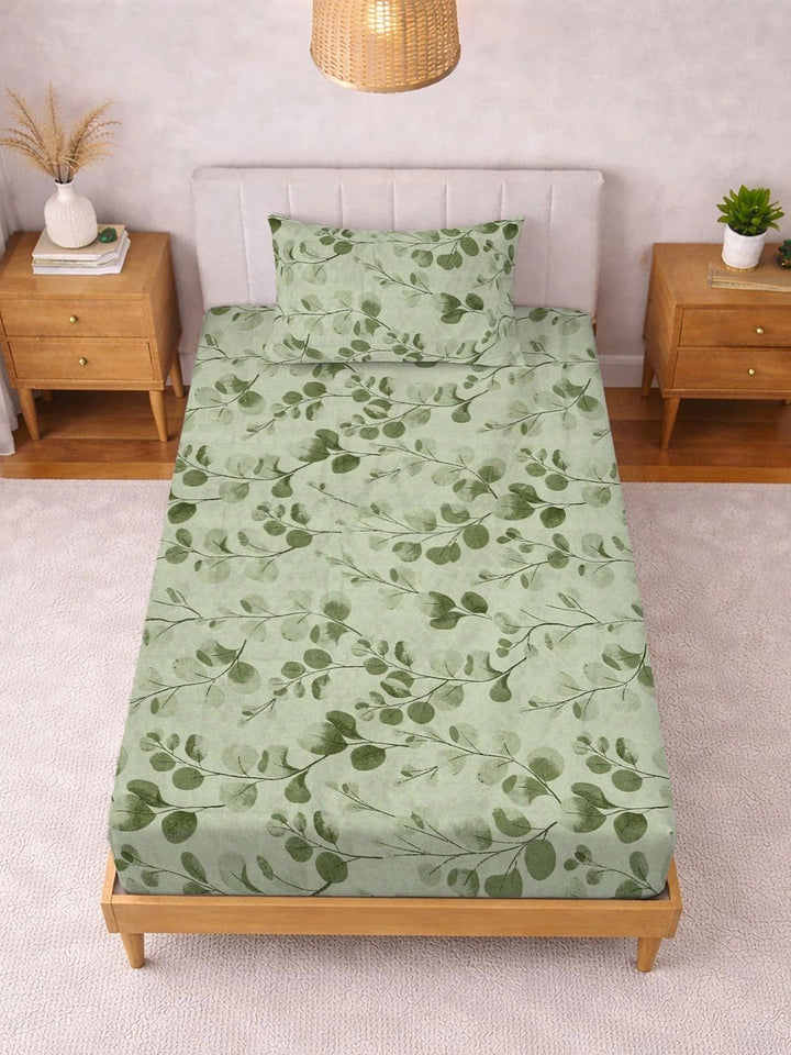 KLOTTHE Green Floral 300 TC Single Bedsheet with 1 Pillow Covers