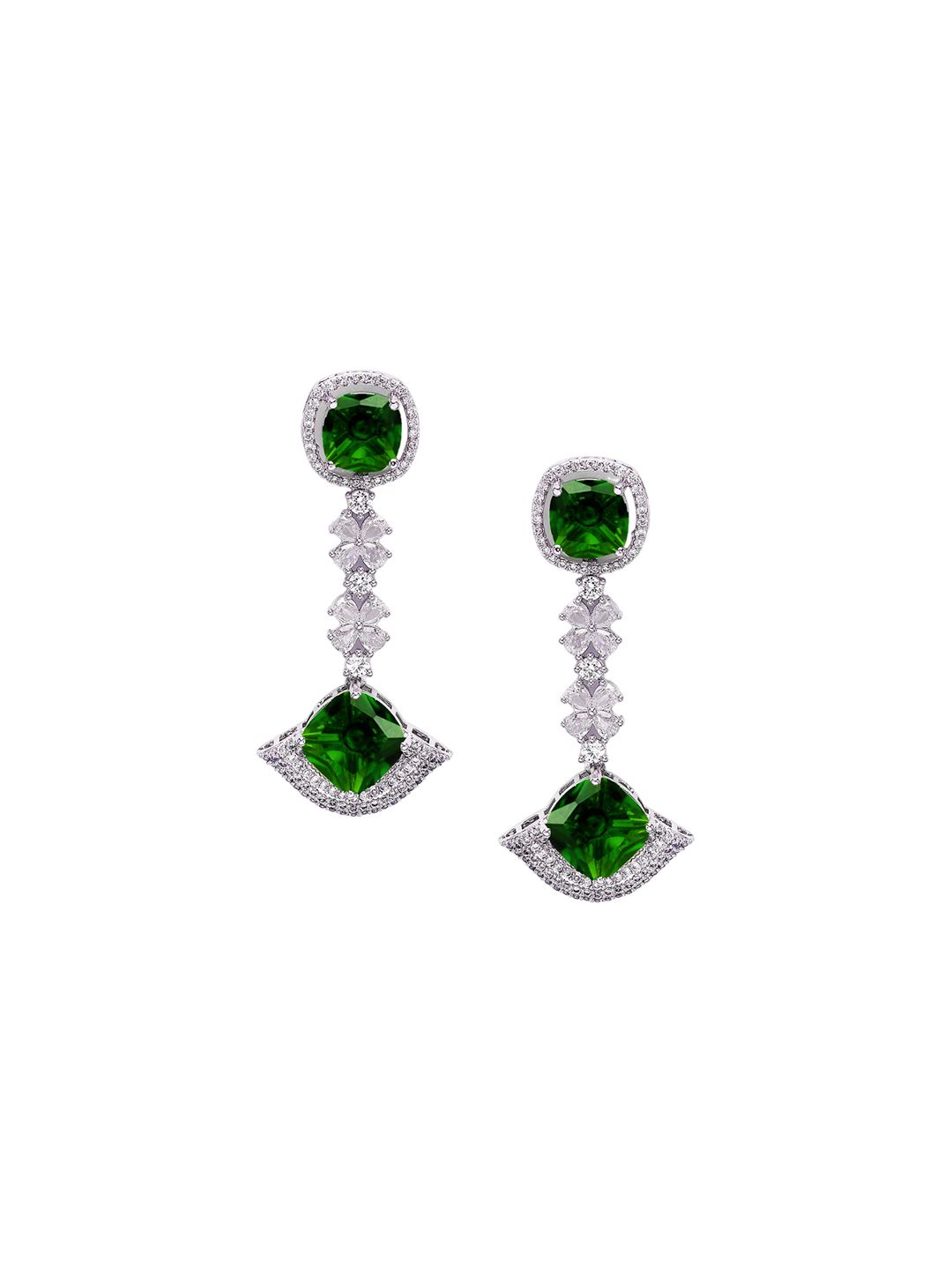 KARATCART Silver-Plated American Diamond Stone Studded Contemporary Drop Earrings
