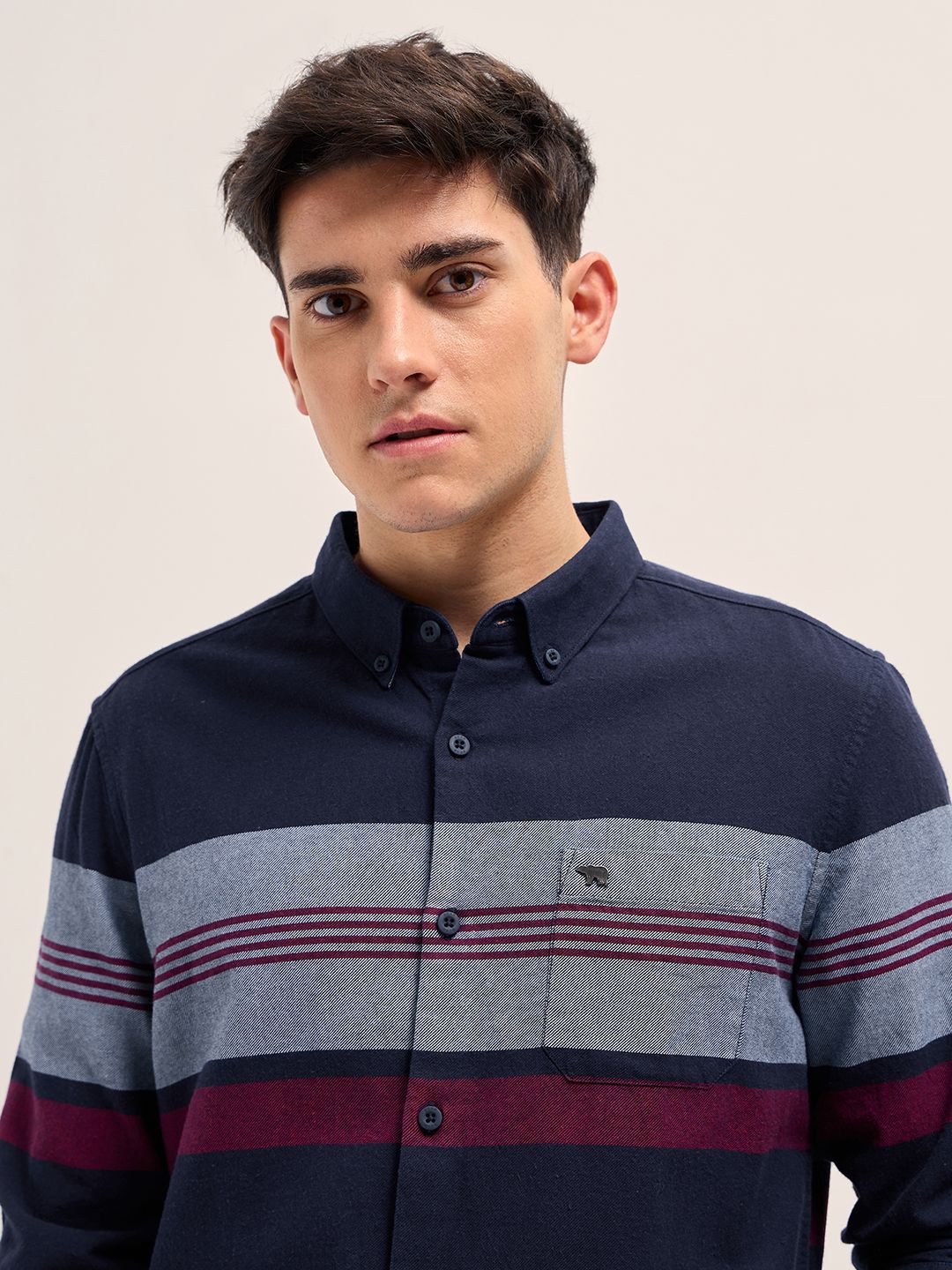 THE BEAR HOUSE Men Button-Down Collar Multi Striped Cotton Slim Fit Casual Shirt