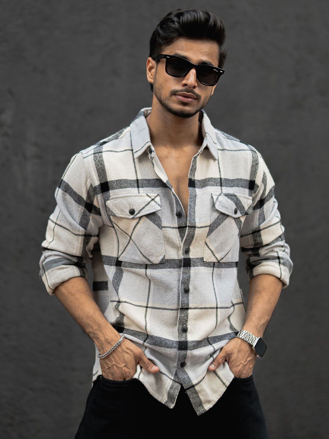 Powerlook Men Windowpane Checks Opaque Checked Casual Shirt