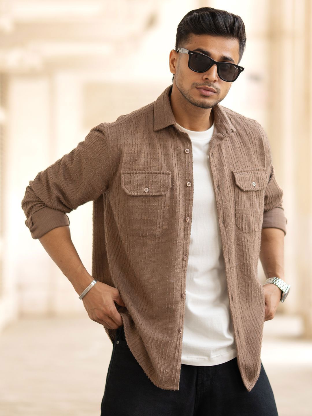 Powerlook Men Spread Collar Textured Cotton Casual Shirt
