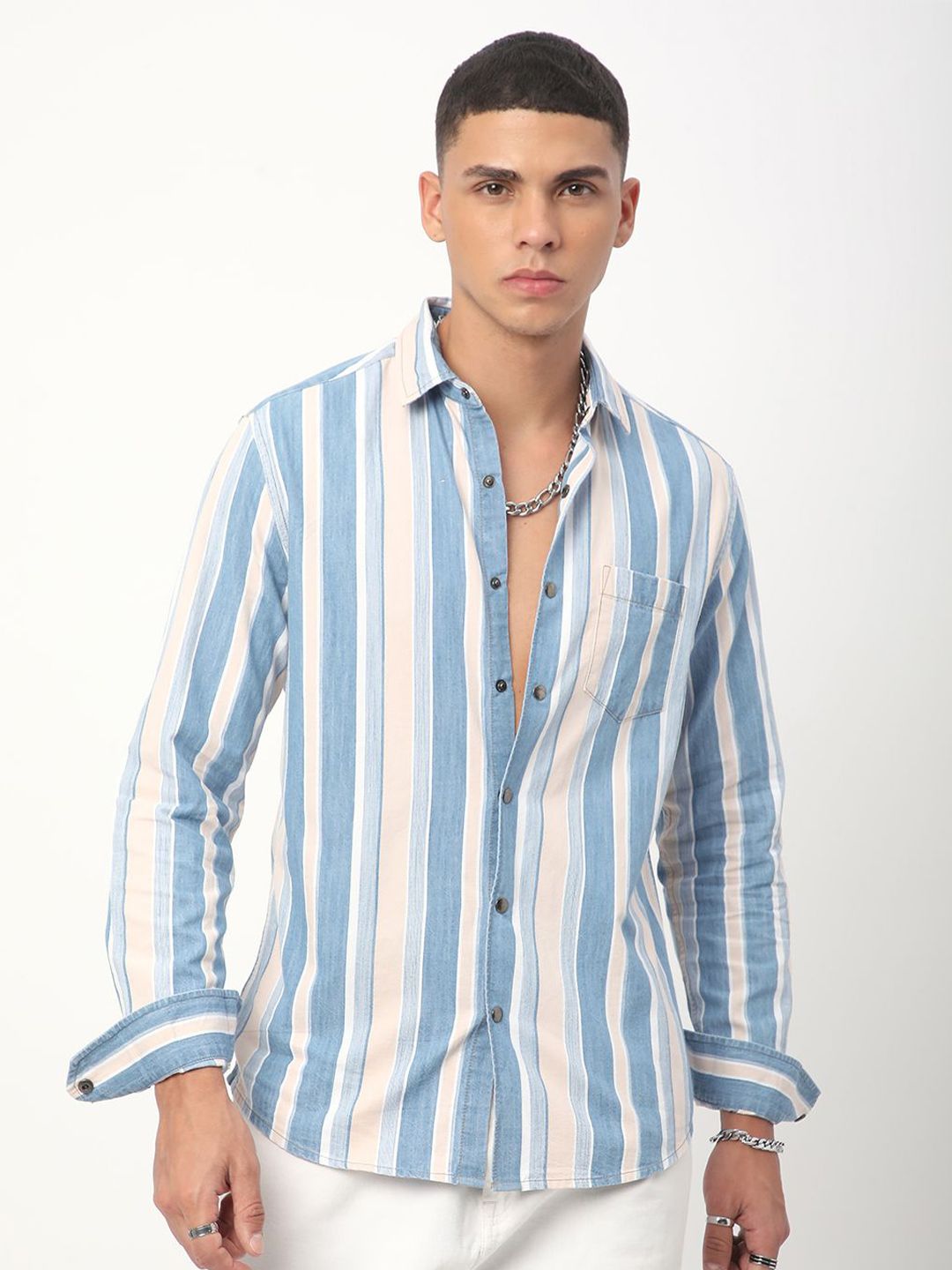 VASTRADO Men Classic Fit Spread Collar Multi Striped Cotton Casual Shirt