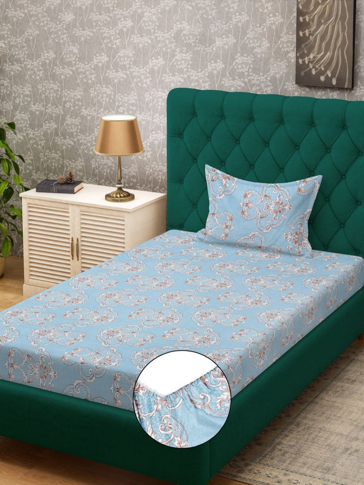 Aura Blue & White Ethnic Motifs 300 TC Single Bedsheet with 1 Pillow Cover