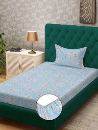 Aura Blue & White Ethnic Motifs 300 TC Single Bedsheet with 1 Pillow Cover