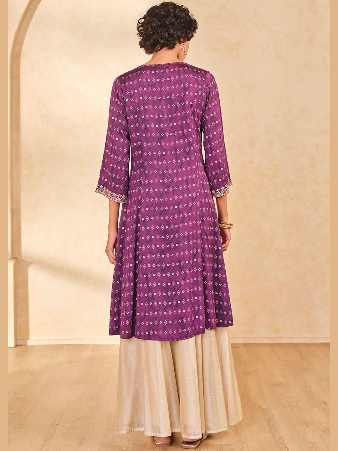 Global Desi Bandhani Woven Design Notched Neck A-Line Kurta