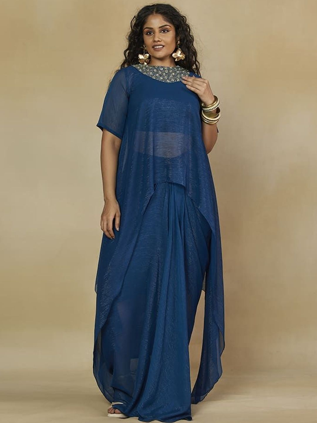 Mamicha Embroidered Round Neck Crop Top With Cape & Skirt Co-Ords Set