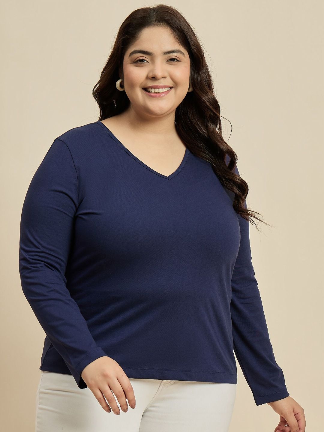 CURVY STREET Women Solid V-Neck Cotton Plus Size T-shirt