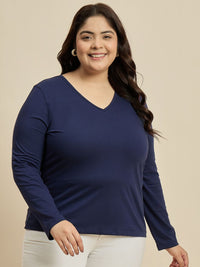 CURVY STREET Women Solid V-Neck Cotton Plus Size T-shirt