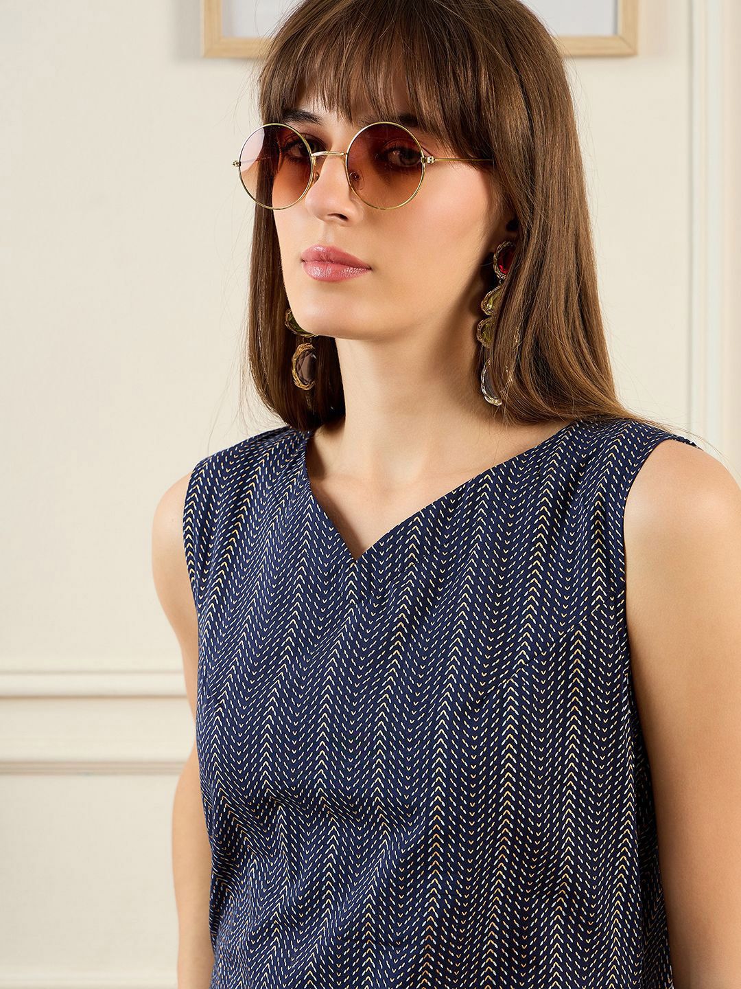 Indo Era Geometric Printed V-Neck Pure Cotton Straight Kurta With Trousers