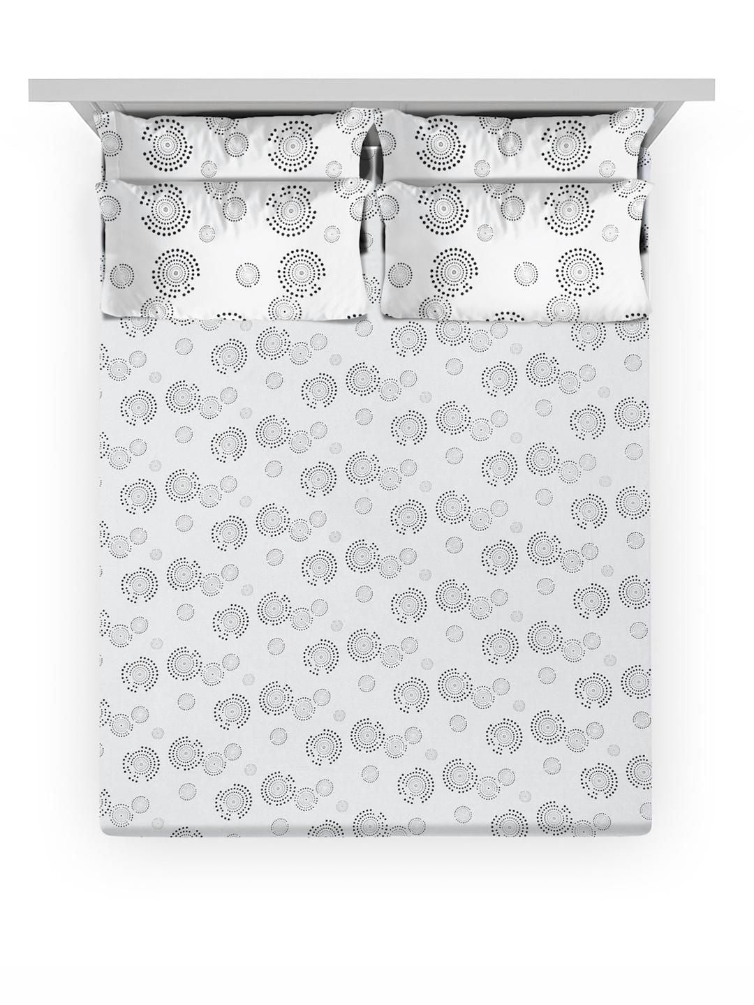 KLOTTHE White Printed Fitted 400TC Pure Cotton Super King Bedsheet & 4 Pillow Covers
