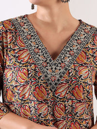 Motif Etnik Wanita Mamicha Bercetak Benang Biasa Kurta Kerja dengan Seluar & Dengan Dupatta