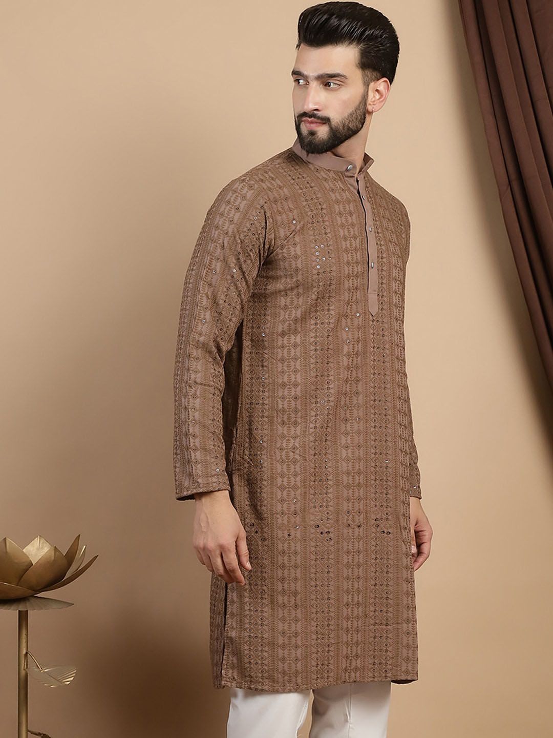 Anouk Brown Ethnic Embroidered Sequined Straight Pure Cotton Kurta