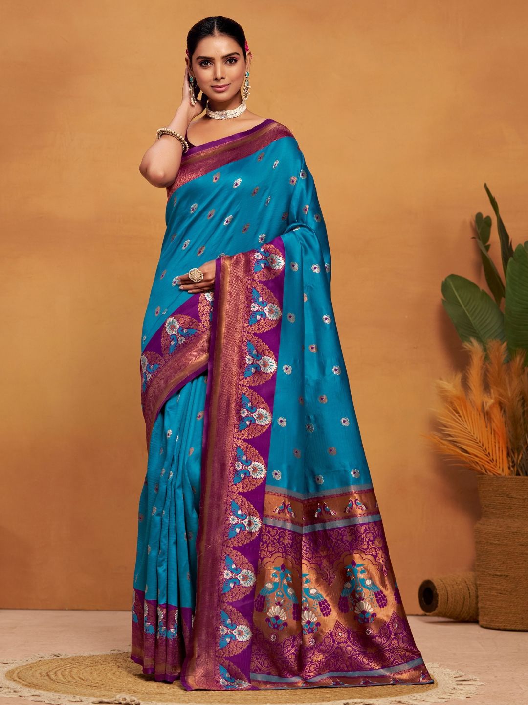 Kalini Woven Design Zari Silk Blend Paithani Saree Dengan Sekeping Blus