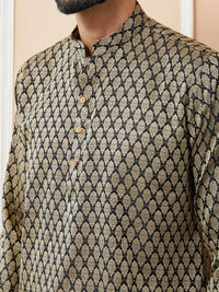 See Designs Ethnic Motifs Printed Mandarin Collar Jacquard Silk Straight Kurta