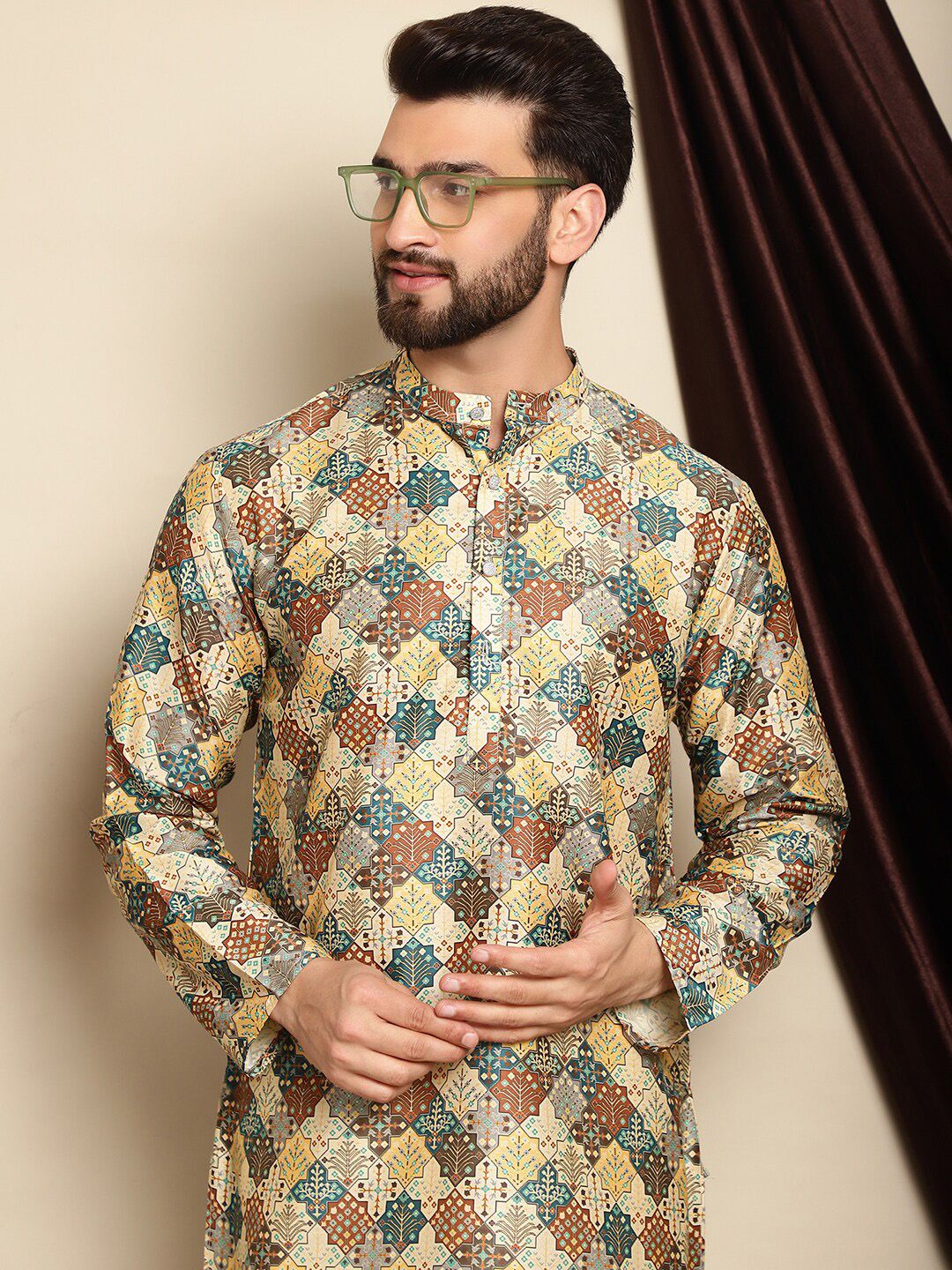 Anouk Ethnic Motifs Printed Mandarin Collar Kurta With Churidar