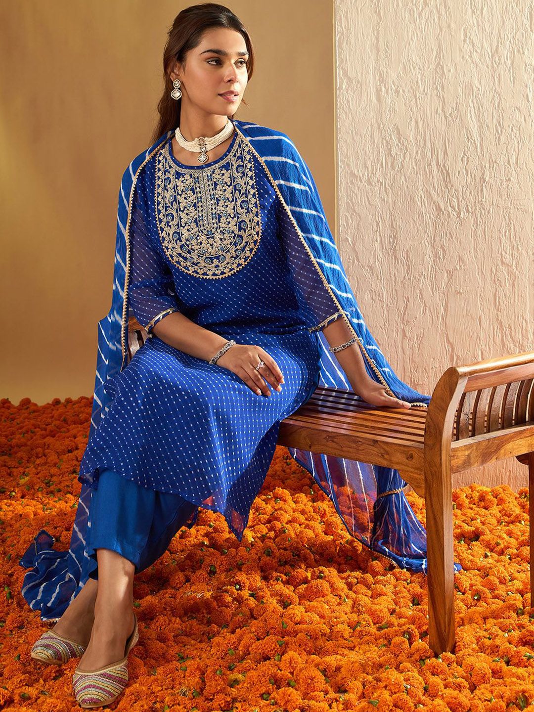 Indo Era Leheriya Embroidered Georgette Straight Kurta With Trousers & Dupatta