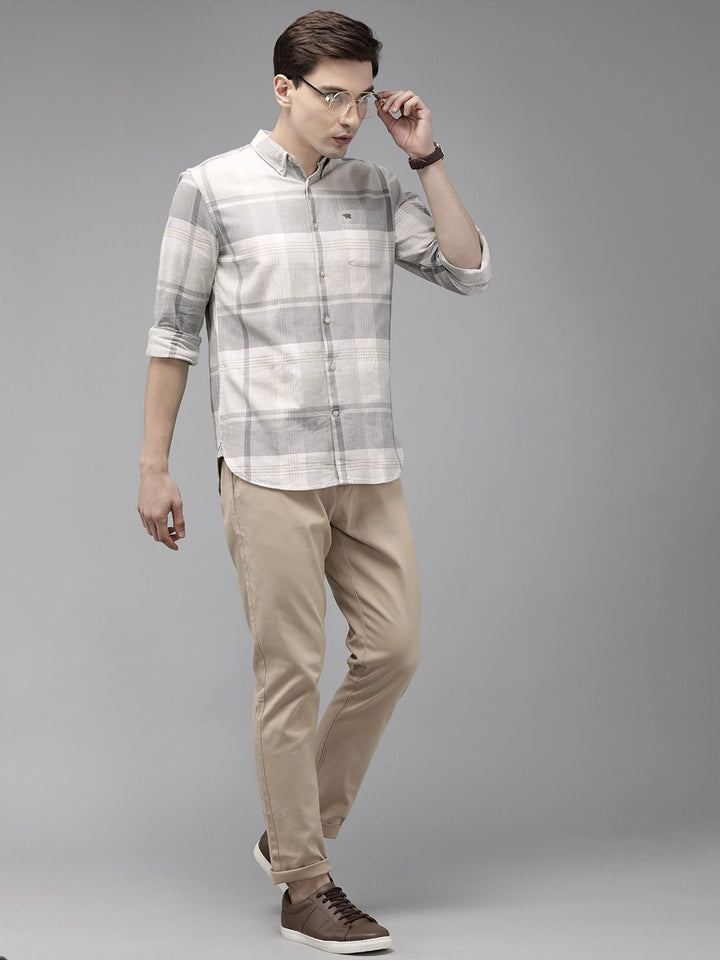 THE BEAR HOUSE Men Grey Slim Fit Pure Cotton Checked Casual Shirt