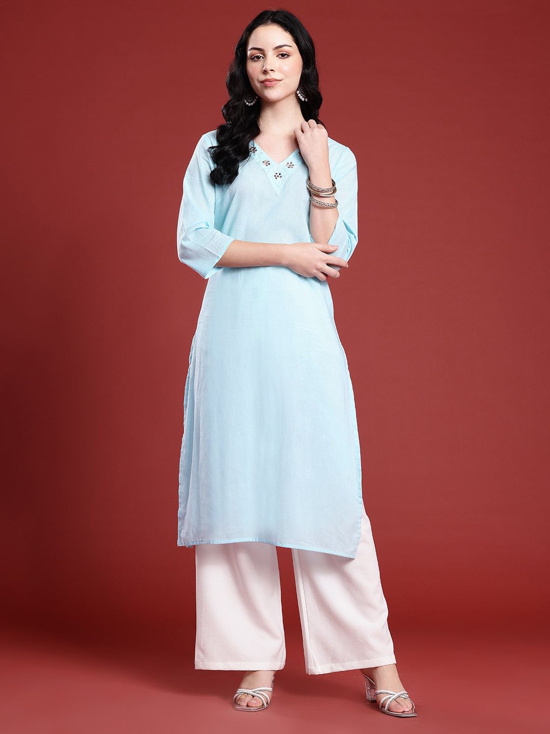 Anouk Mirror Work Straight Pure Cotton Kurta