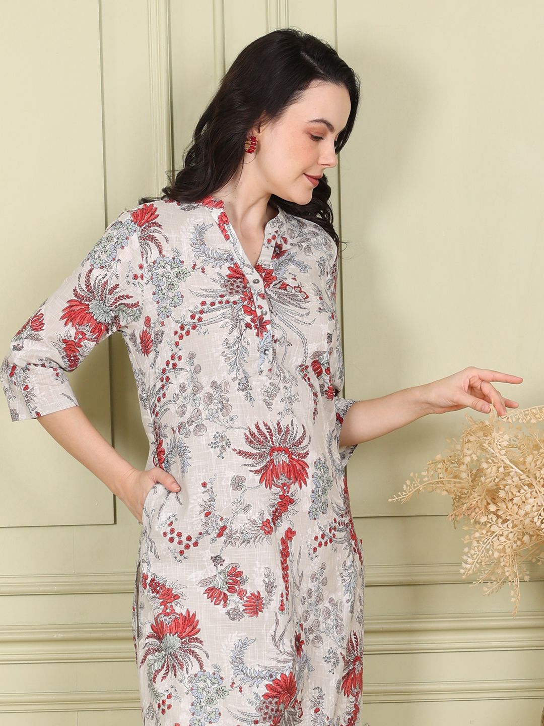 W Women Floral Printed Thread Work Kurta