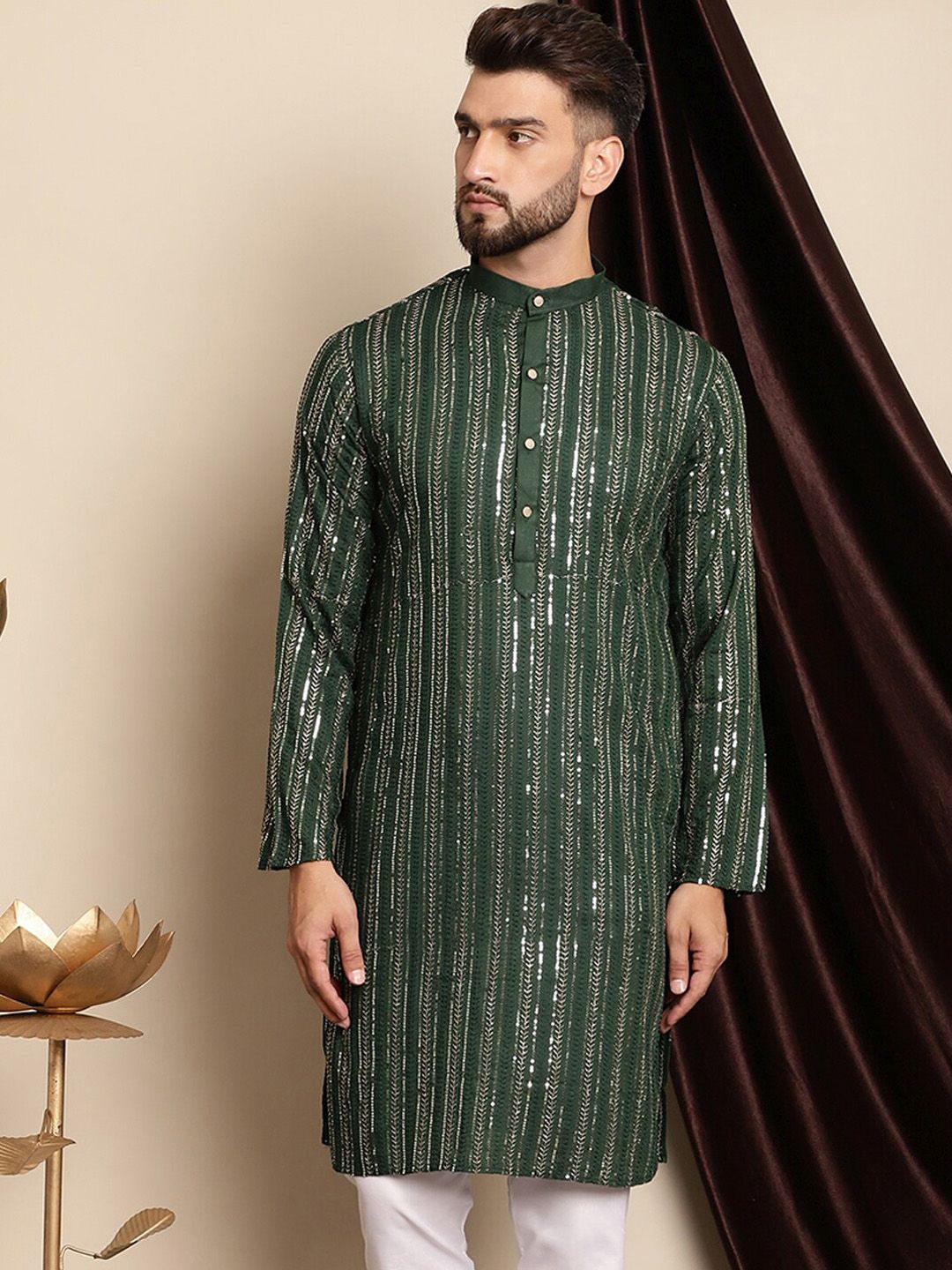 Anouk Embellished Band Collar Sequins Detail Cotton Straight Kurta