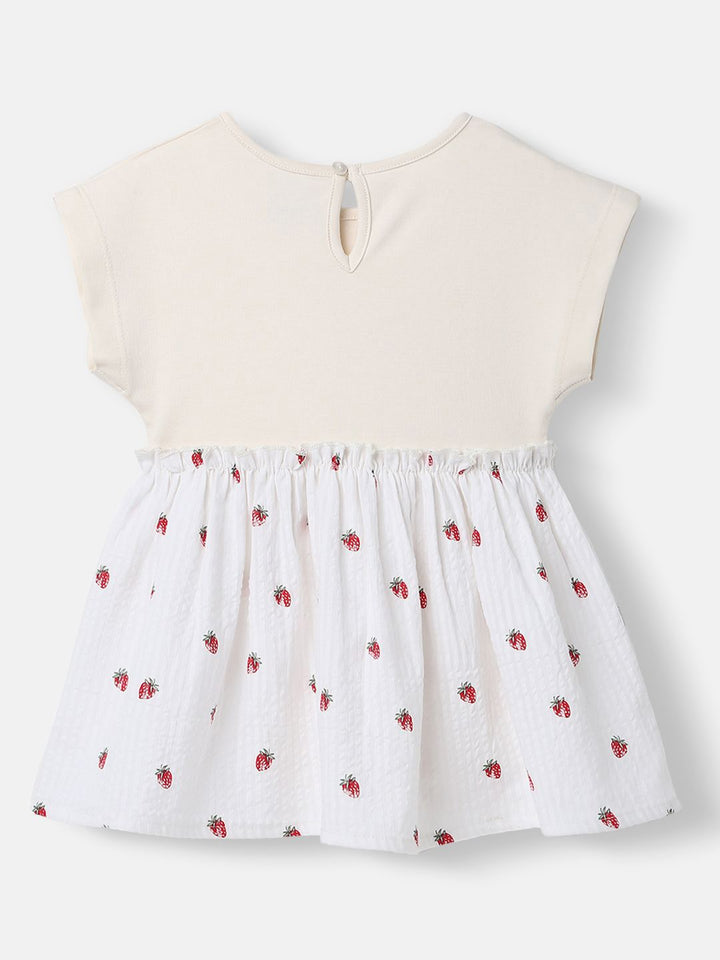 Nauti Nati Girls Cotton Strawberry Print Rabit Badge Dress