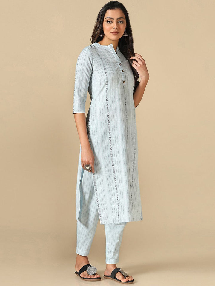 KALINI Striped Mandarin Collar Thread Work Straight Kurta With Trousers