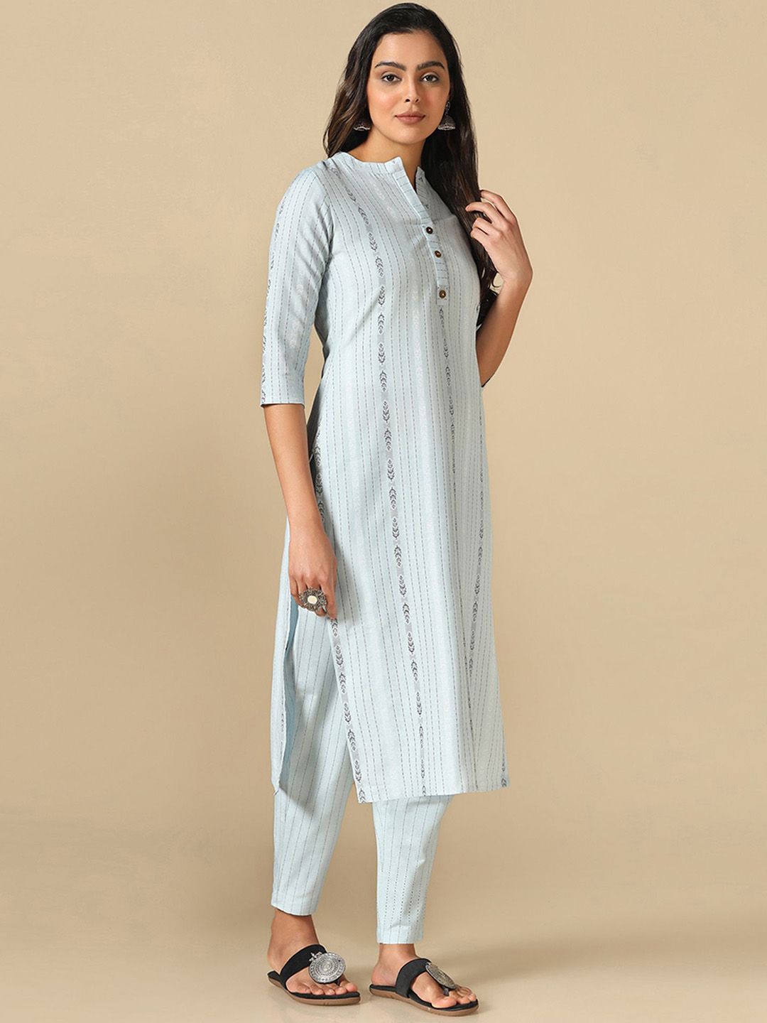 KALINI Striped Mandarin Collar Thread Work Straight Kurta With Trousers