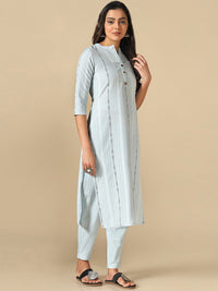 KALINI Striped Mandarin Collar Thread Work Straight Kurta With Trousers