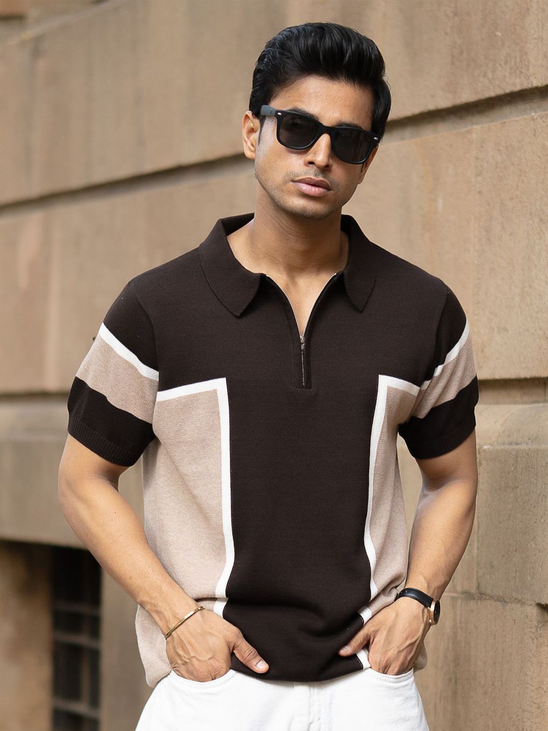 Powerlook SS25 Colourblocked Polo Collar Pure Cotton T-Shirt